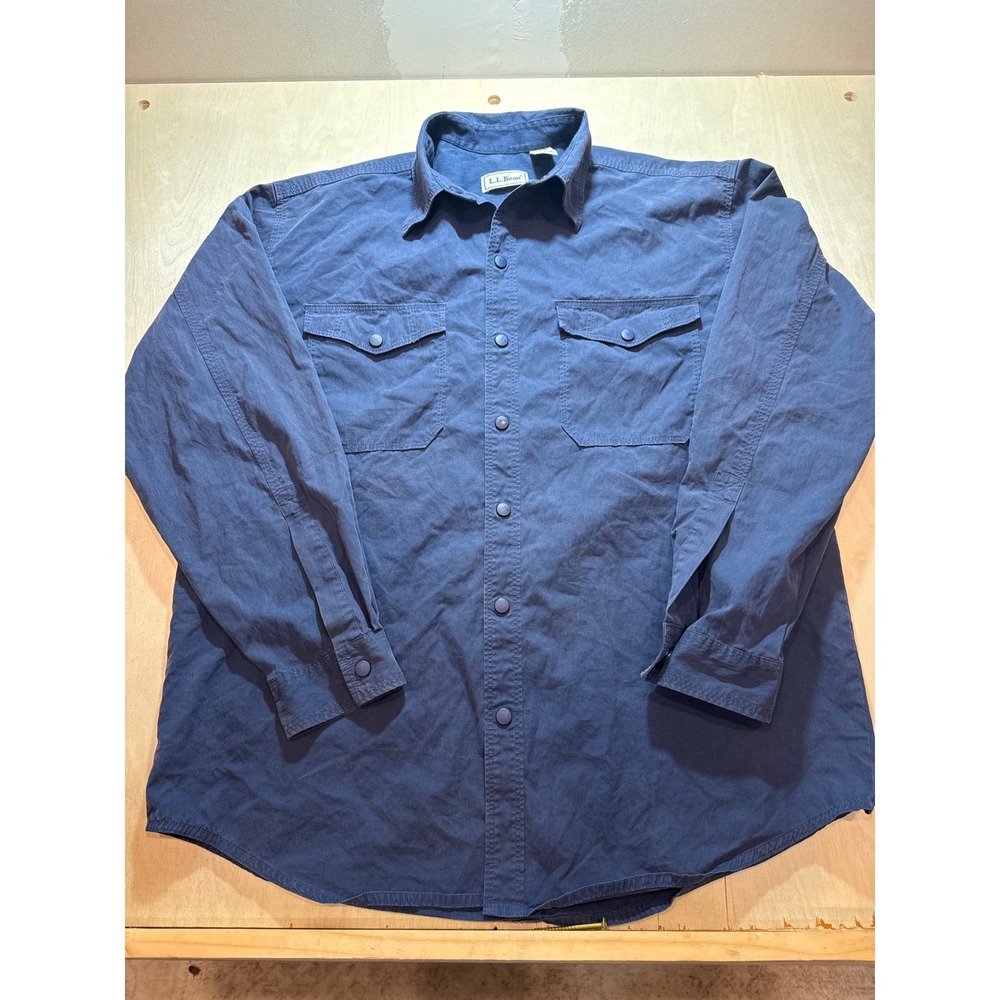 Vintage LL Bean Mens M Snap Front Workwear Shirt Blue 90s Cotton Blend GB18